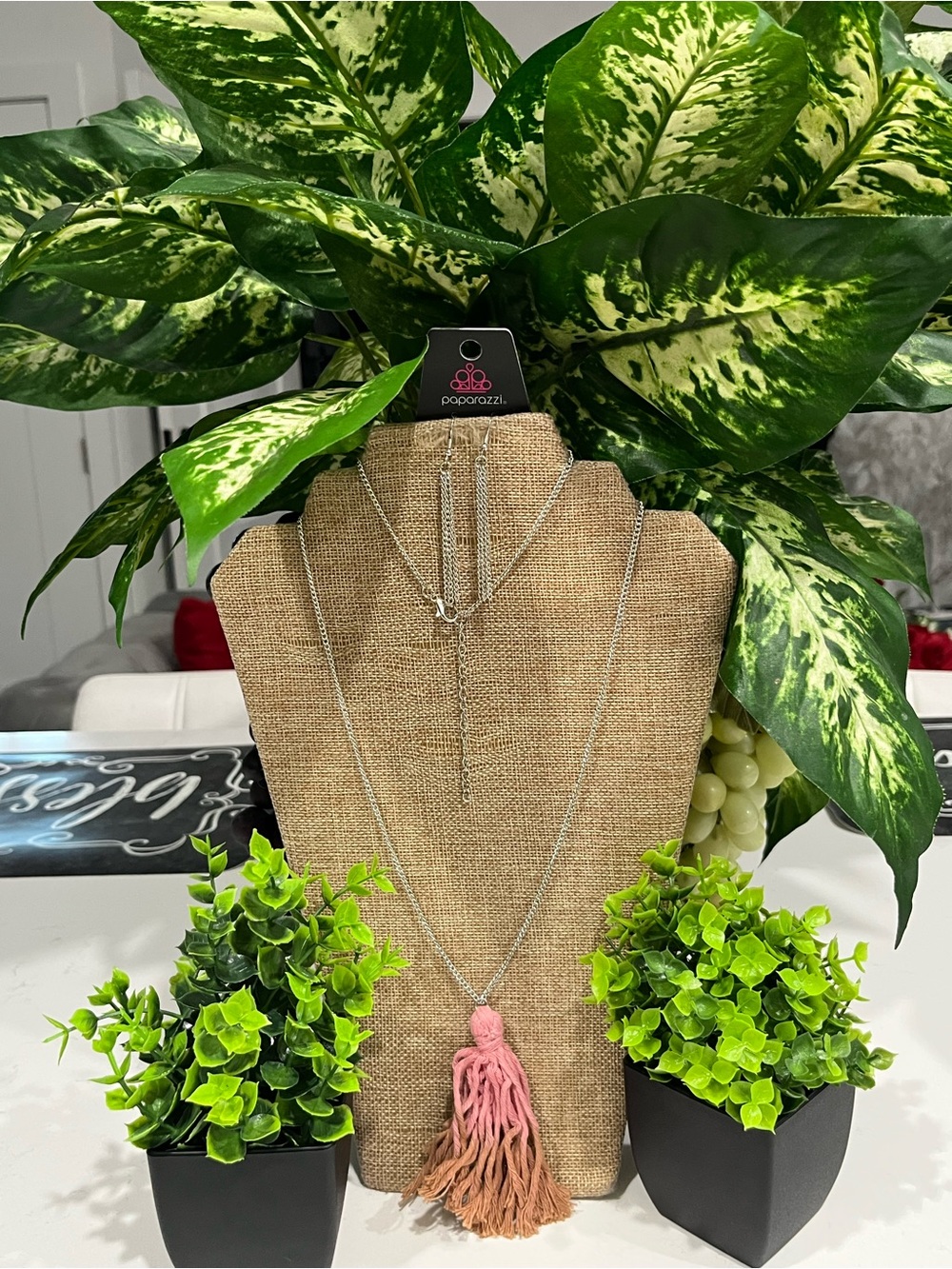 paparazzi Pink to Tan Ombre Tassel Necklace - Silver Tone